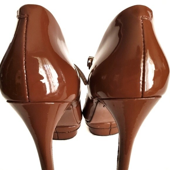 Brian Atwood Bambola Brown Peep Toe Patent Leather Platform Heels size 6.5 - Picture 10 of 13